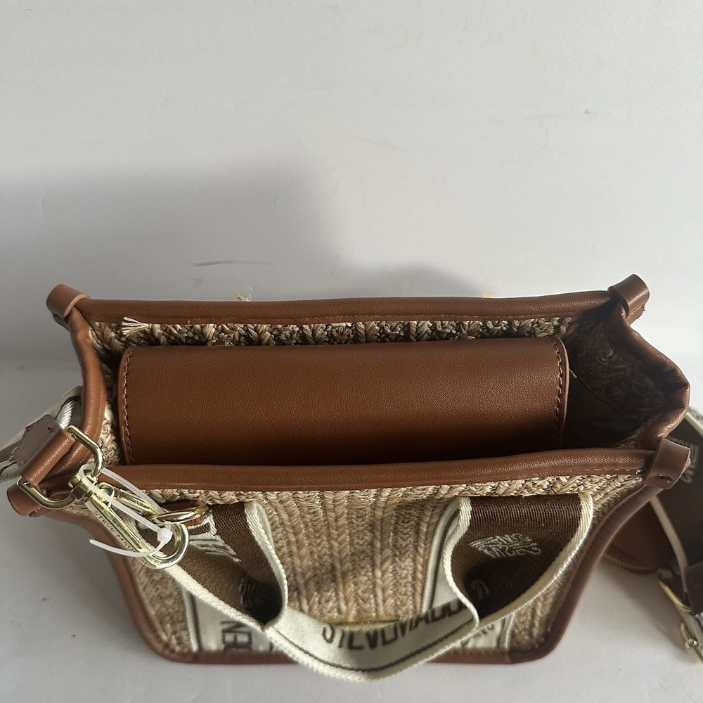 Steve Madden Bwebber Straw Satchel Crossbody Logo Bag Cognac 9" With Small Pouch - Picture 4 of 11